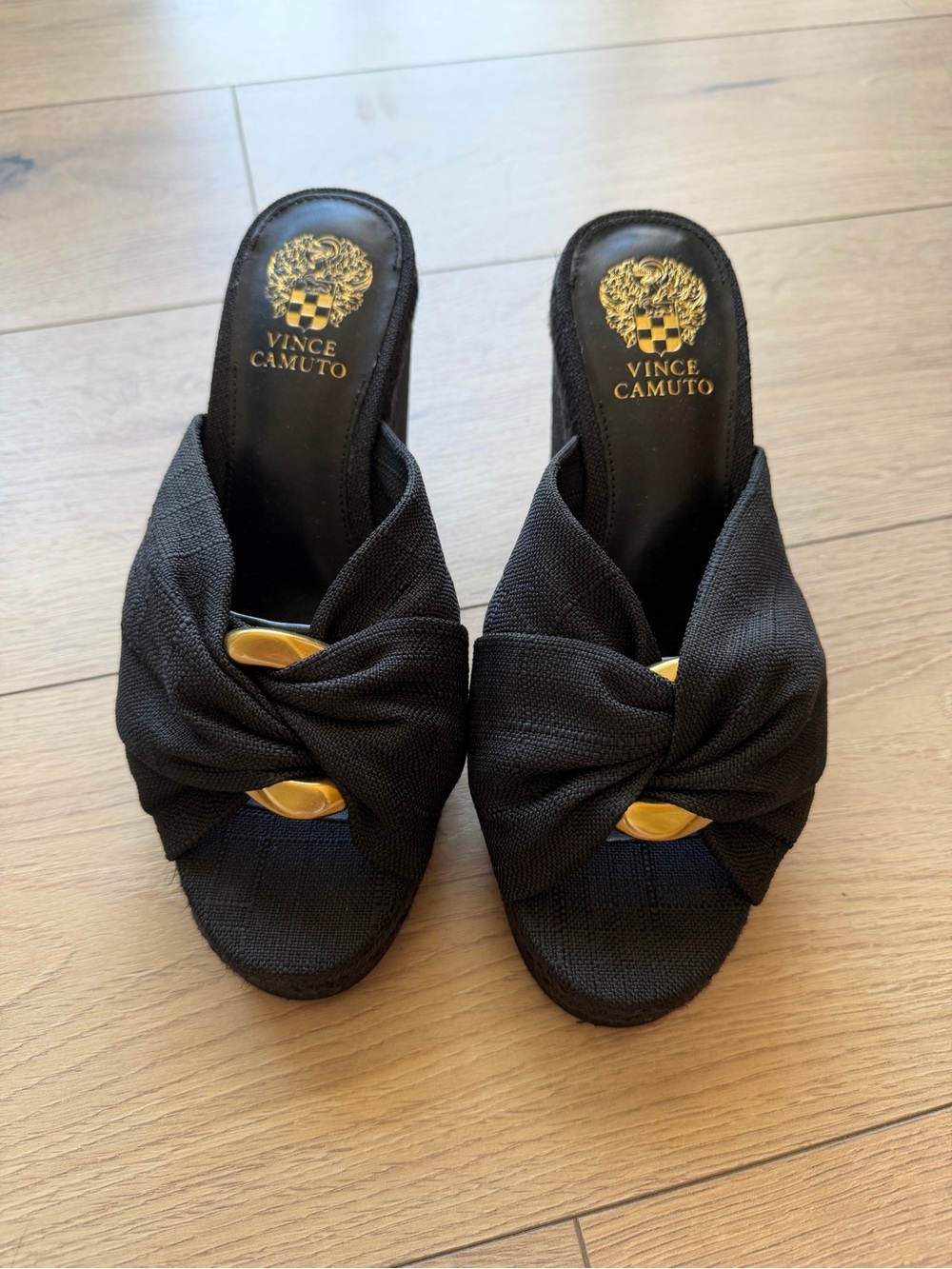 Vince Camuto Black Knot Slide Mules with Gold Accent